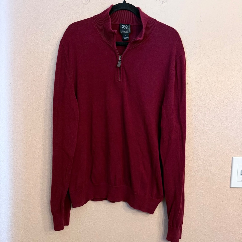 Jos A Bank Traveler Mens XL Burgundy 100% Pima Cotton Quarter Zip Sweater